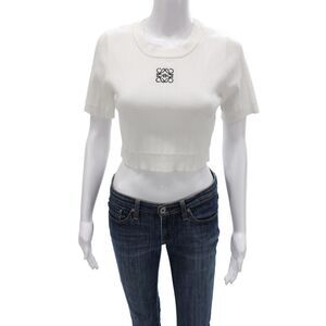 Loewe Women Cropped Striped Ribbed Crew Neck T-Shirt Short Sleeve White Size M